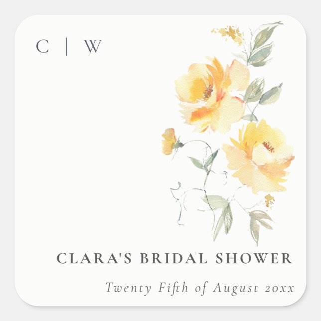 Sticker Carré Rose Fleur de Mariage à l'Aquarelle Jaune Vert (Devant)