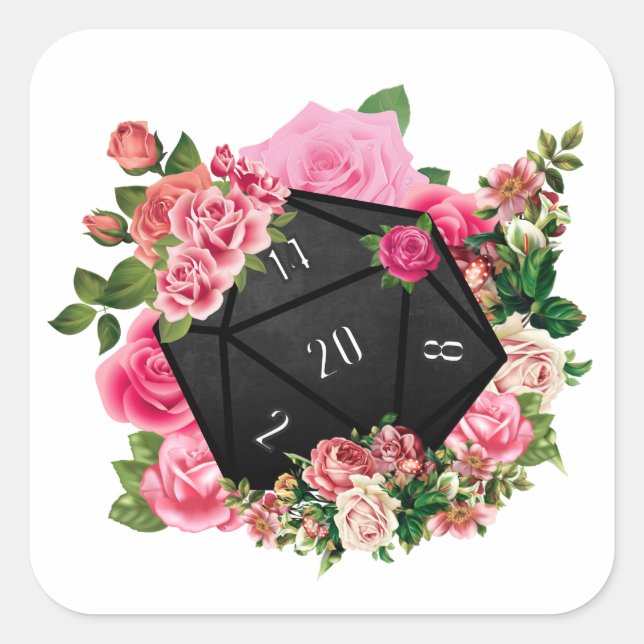 Sticker Carré Rose floral D20 Tabletop RPG Jeu Dice (Devant)