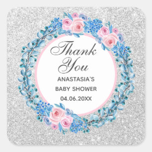 Sticker Carré Rose florale rose bleu argentée Merci Baby Shower