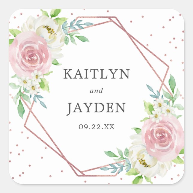 Sticker Carré Rose géométrique chic Gold Foil Mariage floral (Devant)