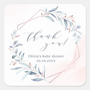 Sticker Carré Rose Gold Bleu Verdure Géométrique Baby Shower