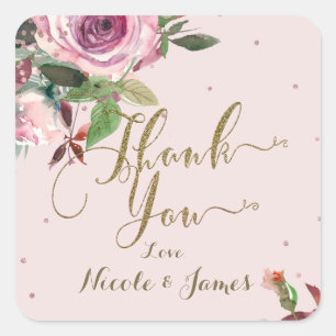 Sticker Carré Rose Gold Floral Moderne Remerciements Faveur Rose