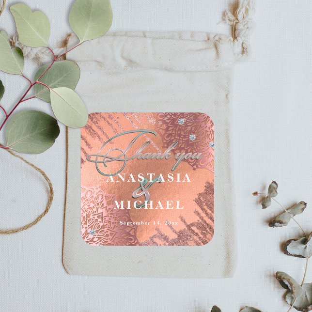 Sticker Carré Rose Gold Foil Luxury Elegant Merci Mariage (Créateur téléchargé)