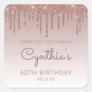 Sticker Carré Rose Gold Glitter Drip 60e Anniversaire Remercieme