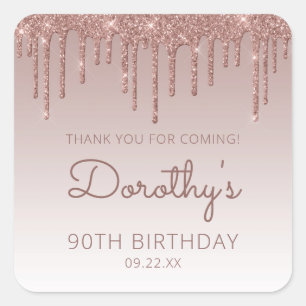 Sticker Carré Rose Gold Glitter Drip 90e Anniversaire Remercieme