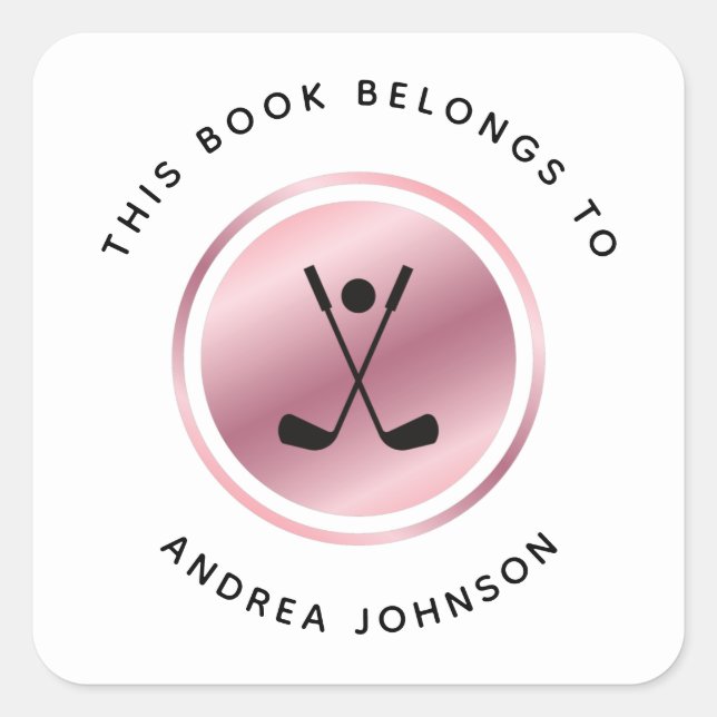 Sticker Carré Rose Gold Golf Girl Golfer Bookplate Pink Sporty (Devant)