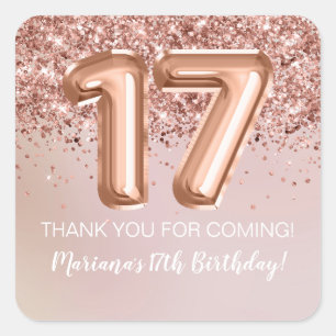 Sticker Carré Rose Gold Kids Girl 17th Birthday Party Favor