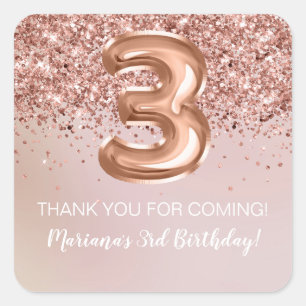 Sticker Carré Rose Gold Kids Girl 3ème anniversaire fête Favoris