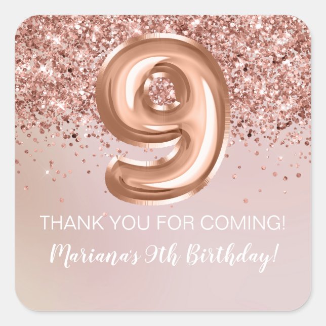 Sticker Carré Rose Gold Kids Girl 9th Birthday Party Favoriser (Devant)