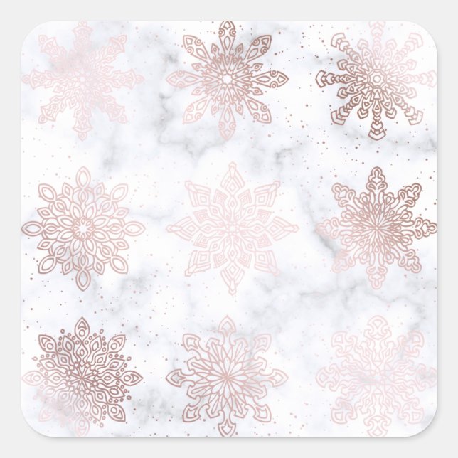 Sticker Carré Rose Gold & Marble Snowflake Motif de Noël (Devant)