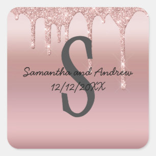 Sticker Carré Rose Gold Monogramme Paillettes Gouttes Fard Rose