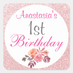 Sticker Carré Rose Gold Pailleté Floral 1er Anniversaire Rose Pâ