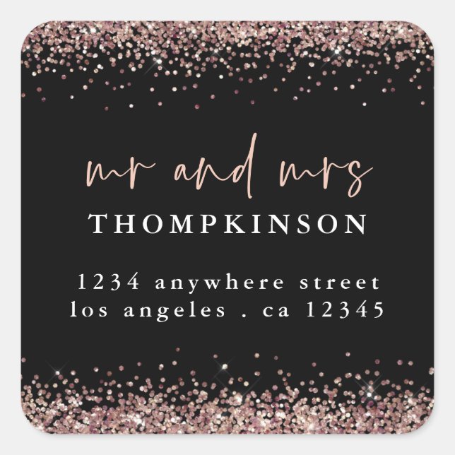 Sticker Carré Rose Gold Parties scintillant M. Mme Nom Adresse d (Devant)