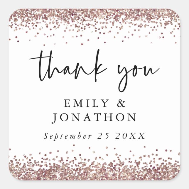 Sticker Carré Rose Gold Parties scintillant Nom Date Mariage Bla (Devant)
