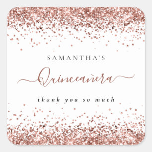 Sticker Carré Rose Gold Parties scintillant Nom Quinceañera Merc