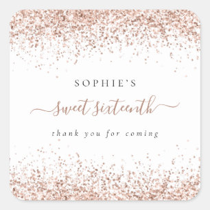 Sticker Carré Rose Gold Parties scintillant Nom Sweet 16 Anniver