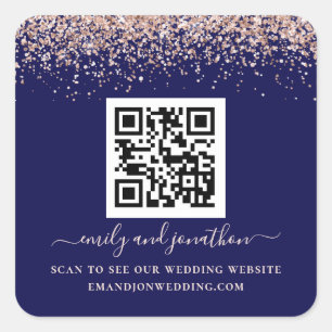 Sticker Carré Rose Gold Parties scintillant QR Code Mariage Site
