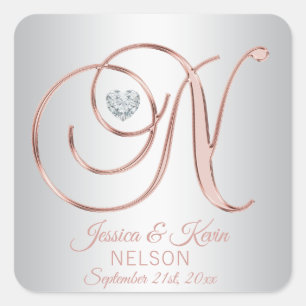 Sticker Carré Rose Gold Silver Grey Monogramme Mariage de coeur