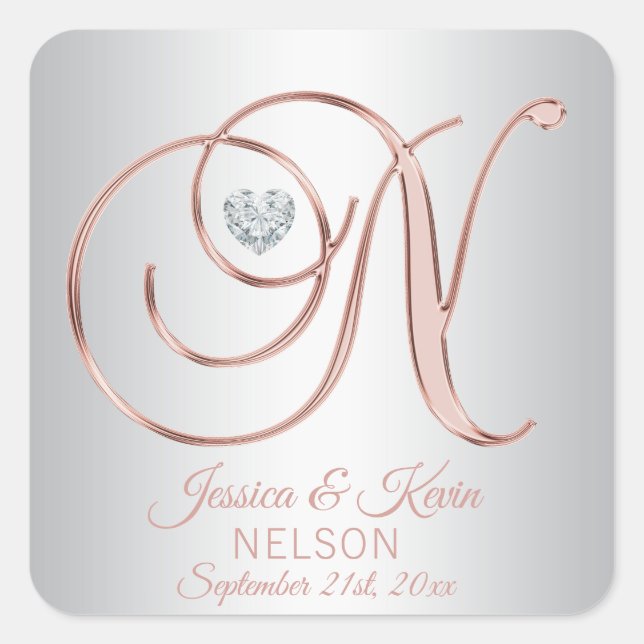 Sticker Carré Rose Gold Silver Grey Monogramme Mariage de coeur (Devant)