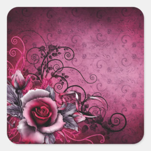 Sticker Carré rose magenta floral botanique grunge de rose