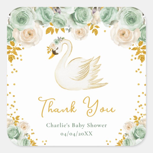 Sticker Carré Rose  Merci de Baby shower de Swan Sage Green (Devant)