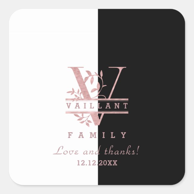 Sticker Carré Rose moderne Gold Split Monogramme personnalisé V (Devant)