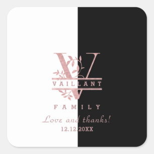 Sticker Carré Rose moderne Gold Split Monogramme personnalisé V