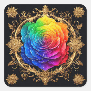 Sticker Carré Rose multicolore aux fioritures dorées ornées