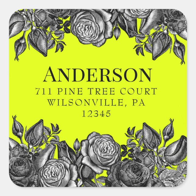 Sticker Carré Rose noir Lime Green Mariage Adresse de retour (Devant)
