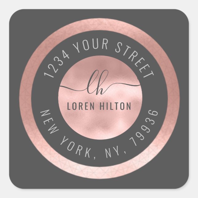 Sticker Carré Rose or cercle moderne monogramme retour adresse (Devant)