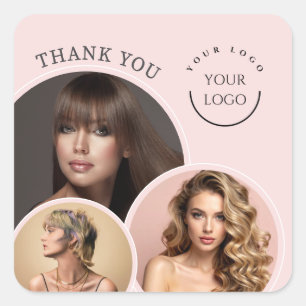 Sticker Carré Rose Pâle Élégant 3 Photo Merci Coiffeur