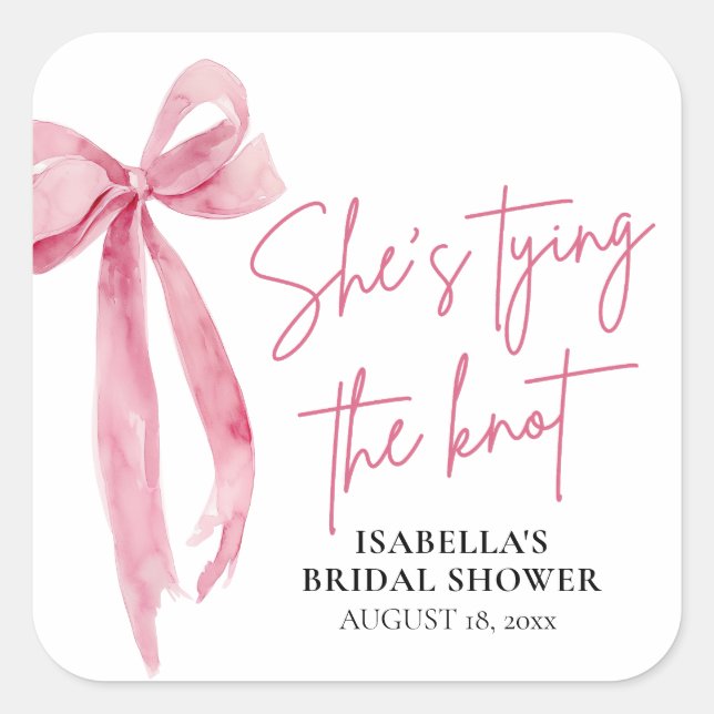 Sticker Carré Rose Pâle Nœud Elle Se Marie Bridal Shower (Devant)