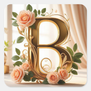 Sticker Carré 🌷 Rose Pêche Mariage Lettre Initiale B Décor ✨