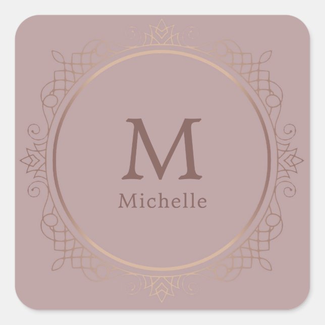Sticker Carré Rose personnalisé Gold tendance Monogramme Élégant (Devant)