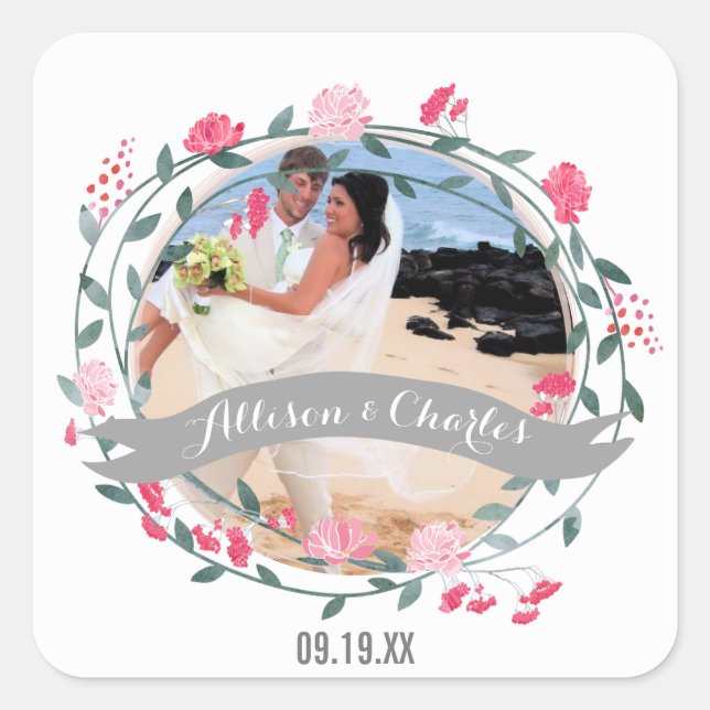Sticker Carré Rose Quartz rose Personnalisé Votre Photo Mariage (Devant)