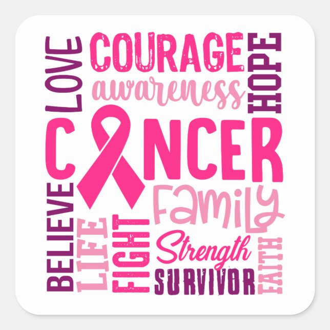 Sticker Carré Rosé Ribbon Guerrier Survivant Fighter Cancer du s (Devant)