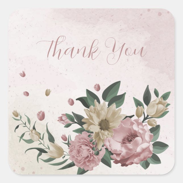 Sticker Carré rose romantique & fleurs de champagne merci (Devant)
