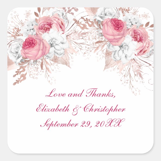 Sticker Carré Rose Rose Rose Rose Or Floral Mariage tendance (Devant)