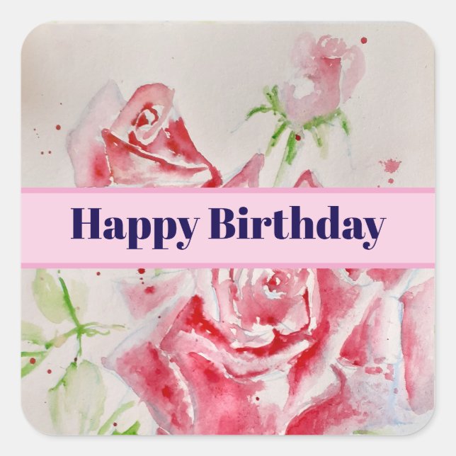 Sticker Carré Rose rouge Aquarelle Rose Joyeux anniversaire (Devant)