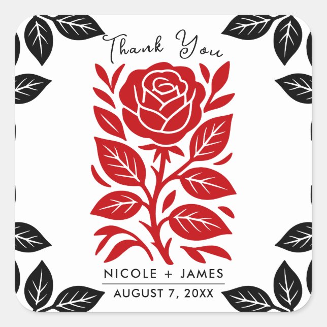 Sticker Carré Rose rouge et noir Floral Fête des mariées moderne (Devant)