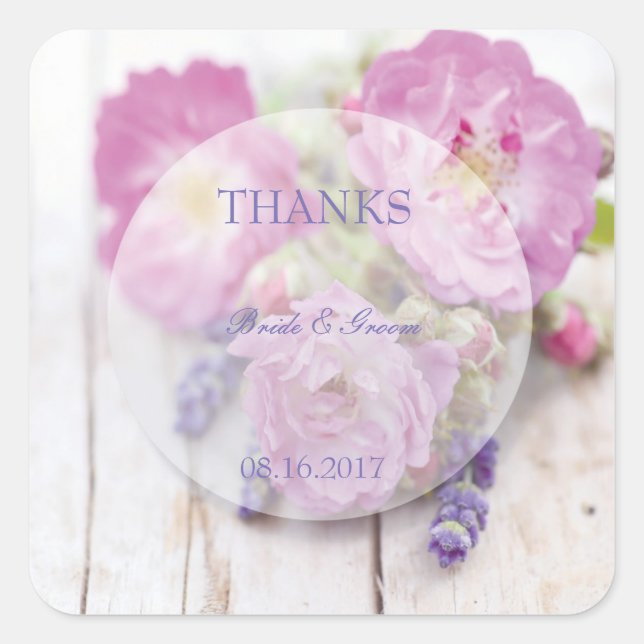 Sticker Carré Rose sauvage et Mariage d'été Lavender Merci (Devant)