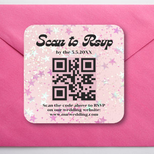 Sticker Carré rose stars confetti rétro rsvp qr code mariage