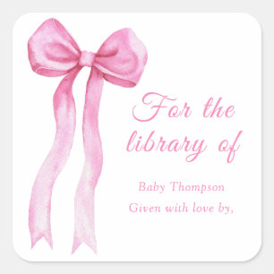 Sticker Carré Rose un nœud - ex-libris pour la bibliothèque de