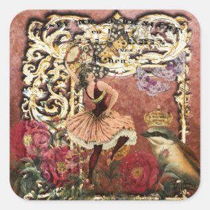 Sticker Carré Rose vintage Danseur tzigane Collage français