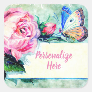 Sticker Carré rose vintage et papillon rose bleu