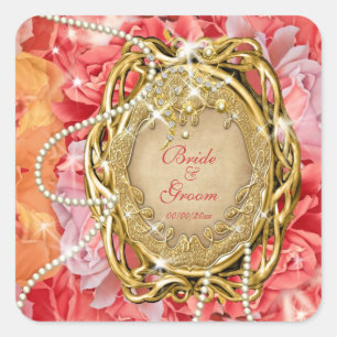 Sticker Carré rose vintage perles mariage marié marié