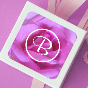Sticker Carré rose violet rose photo de fleur monogramme chic