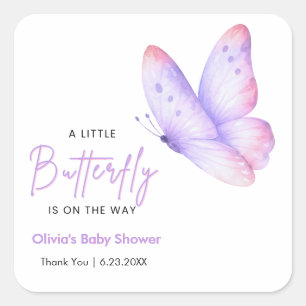Sticker Carré Rose Violet Un Petit Papillon Baby Shower 