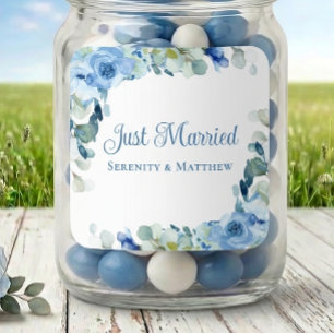 Sticker Carré Roses Aquarelle Bleu Floral Mariage Juste Mariés