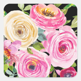 Sticker Carré Roses aquarelles en rose et crème sur fond noir